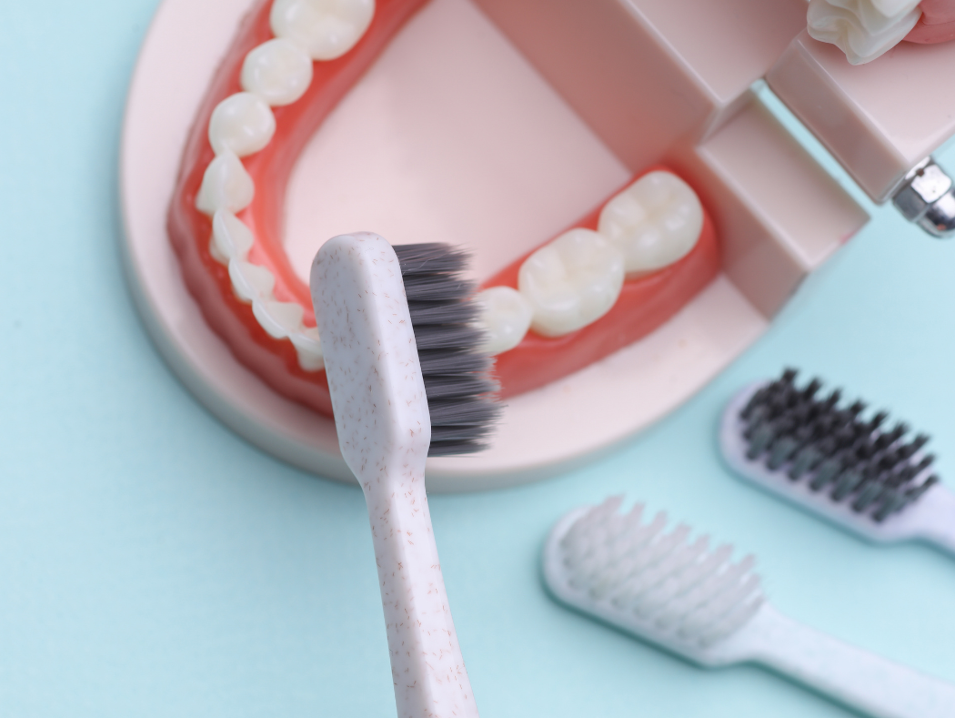 Dental hygienist illustrating to a patient how to properly clean their teeth in Louisville, KY